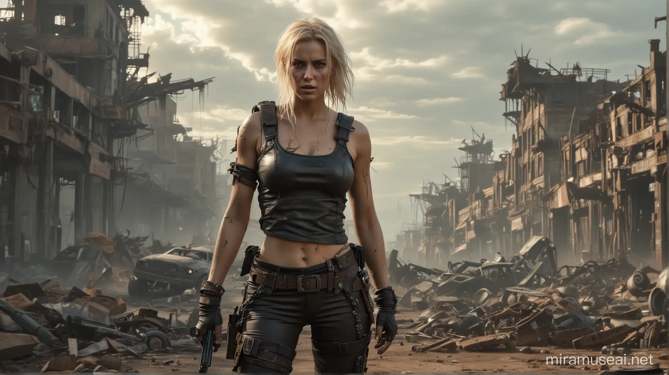 A  beautiful blond woman in a mad-max outfit fighting  against  zombie in a post-apocalyptic world, The landscape is dark ruined cyberpunk city. 8k uhd, dslr, film grain, Fujifilm XT3, (best quality:1.3), (masterpiece:1.1), high resolution, cinematic light, intricate details, (photorealistic)
