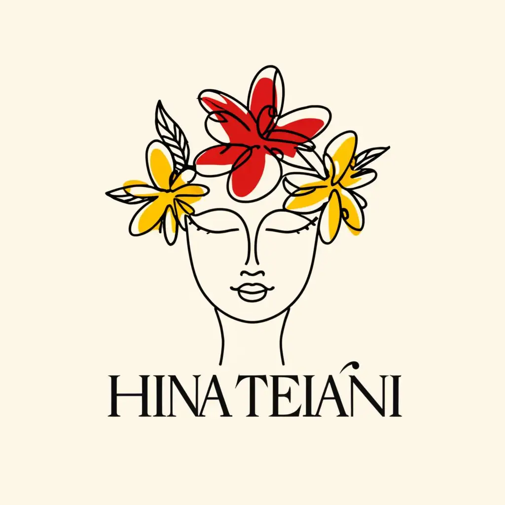 logo, The face of a woman seen from the front, with soft features, with frangipani flowers on one eye and a bird spreading its wings on the head. The style of the drawing is in one single stroke., with the text "Hina Tehani", typography, be used in Beauty Spa industry