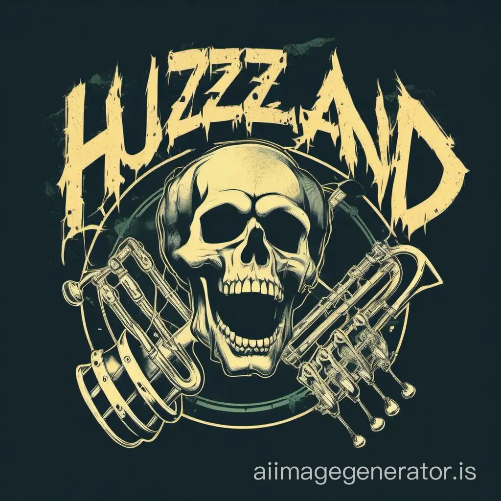 Rock-Grunge-Pop-Band-HuzzBand-Skull-Logo-with-Instrumental-Design