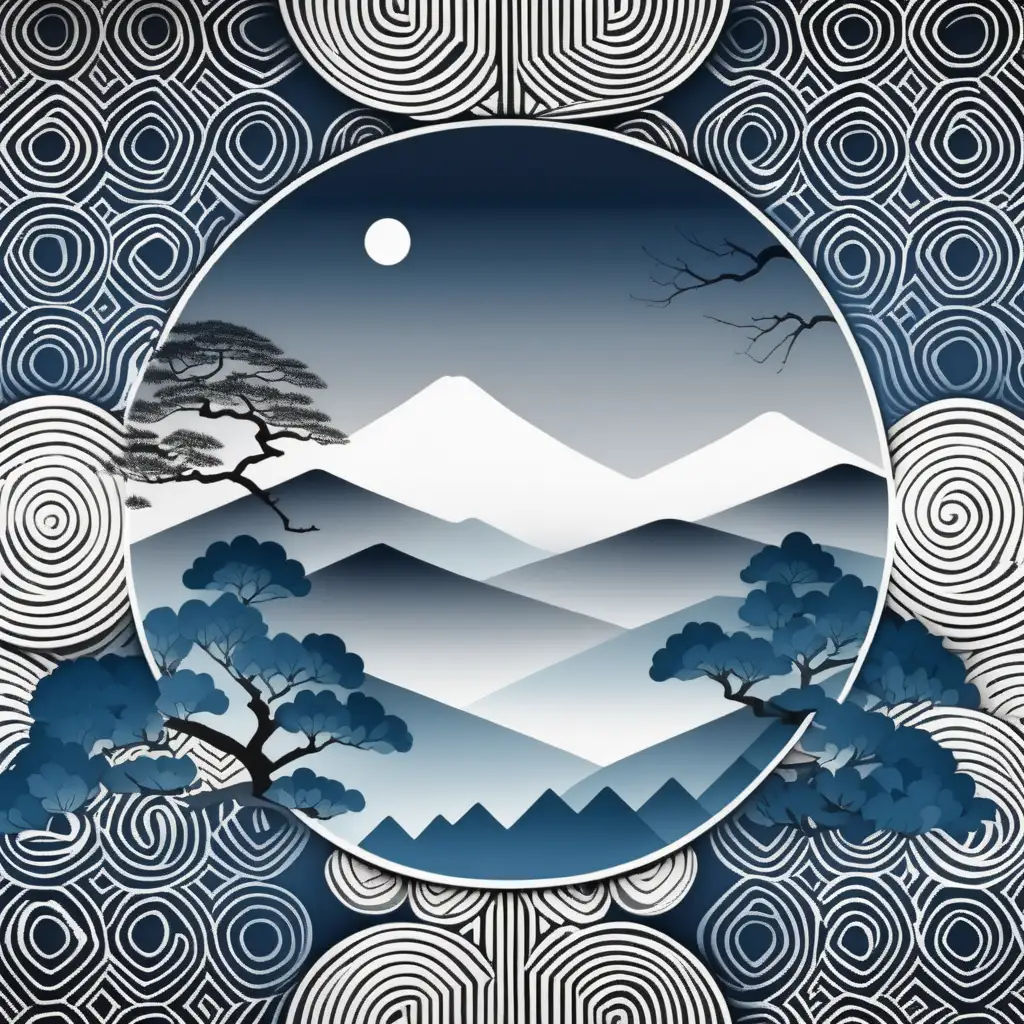 Contemporary Japanese Garden Geometric Patterns in Monochrome Gradient Blue