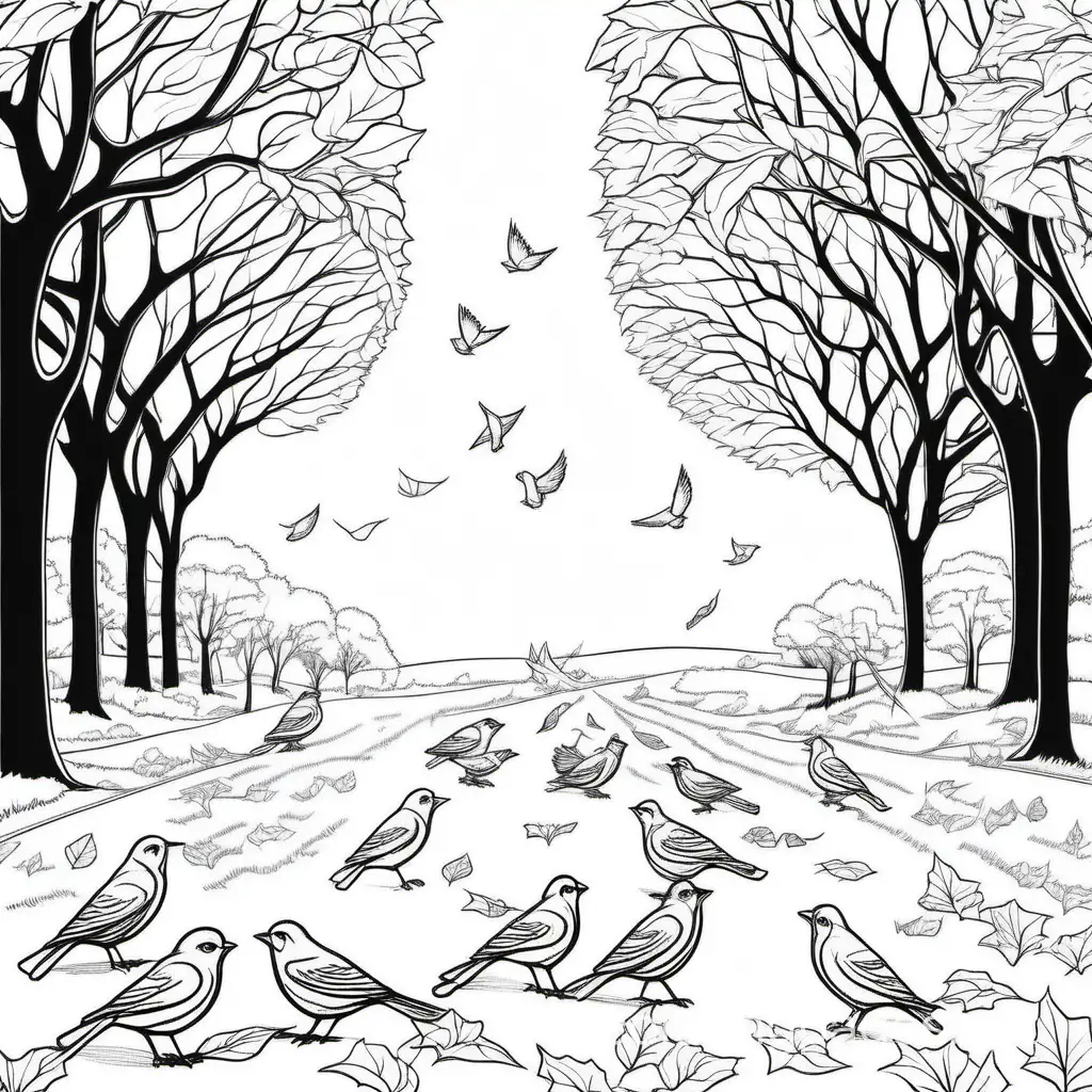 mourning birds on ground with trees in the distance leaves on the trees, Coloring Page, black and white, line art, white background, Simplicity, Ample White Space. The background of the coloring page is plain white to make it easy for young children to color within the lines. The outlines of all the subjects are easy to distinguish, making it simple for kids to color without too much difficulty