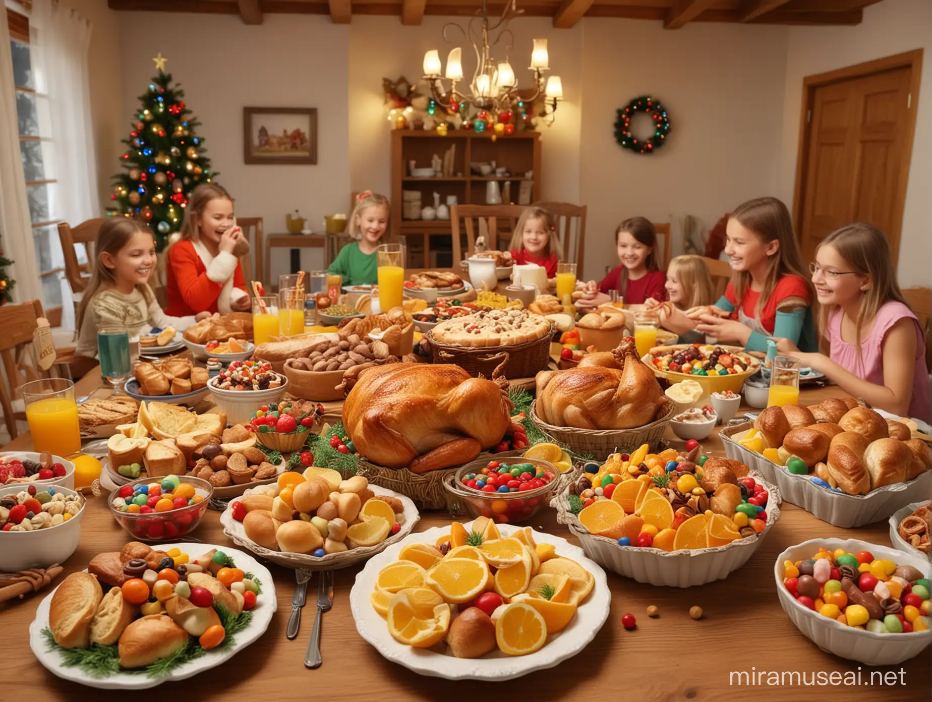 3D view of a wooden table with christmas feast, roasted chicken, breads of different kinds in baskets, butter, orange juice in glasses, orange juice in a jar, cakes with colourful toppings, candies, assorted chocolates, family with 2 teenaged girls and young cute boy excited, family having feast, everybody in family has a smile on face, cosy house of wood, well lit, well decorated