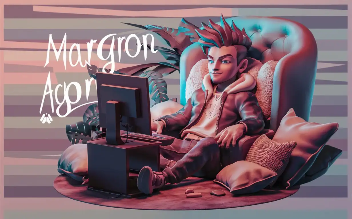 Рисунок парня аниме стиль, 3д стиль, рисованный стиль, сидящего в удобном кресле, играющего на компьютере, окруженного мягкими подушками, с фоном из пастельных цветов и расслабляющей атмосферой по середине текст Margron Agora