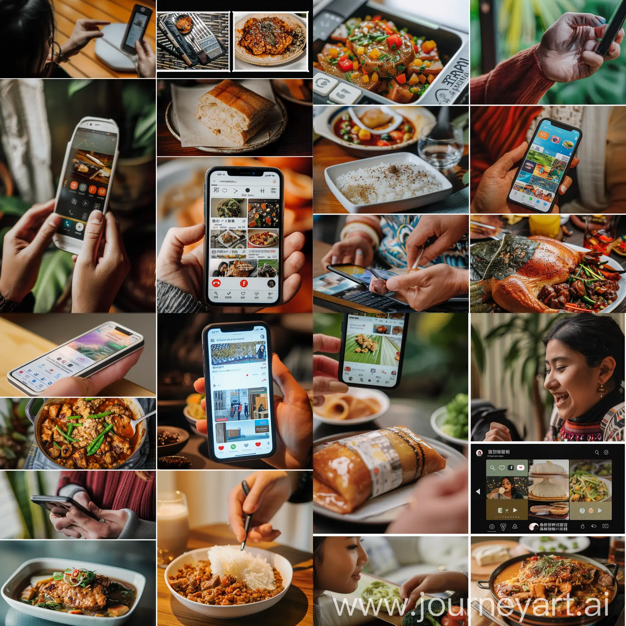 A collage of images representing different aspects of cultural exchange: a person using a language learning app, a social media post showcasing a traditional dish, and someone sharing a story through video chat.*