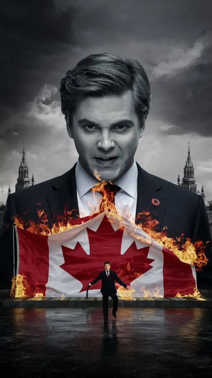  justin trudeau with sinister look standing in front of the canadian flag burning.

