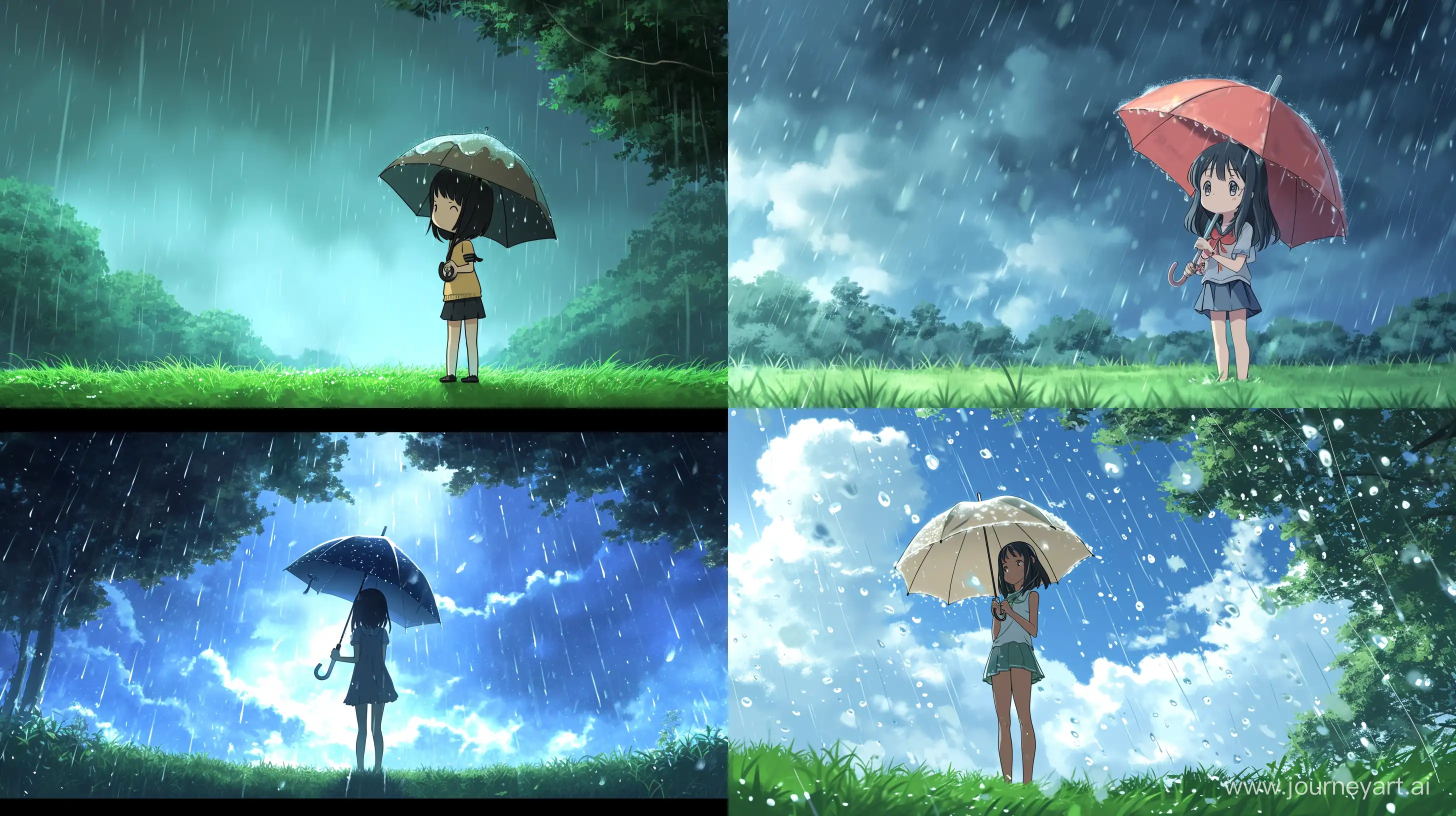 anime scene, expansive shot, raining background, a girl hold an umbrella standing on grass land, best quality, a little sad, she look up and look at the sky, slightly chibi style, cute girl  --ar 16:9 --v 6 --q 2
