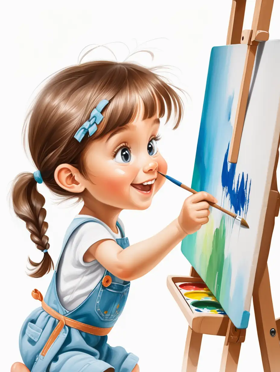 joyful little girl painting a picture on canvas. on a white background.