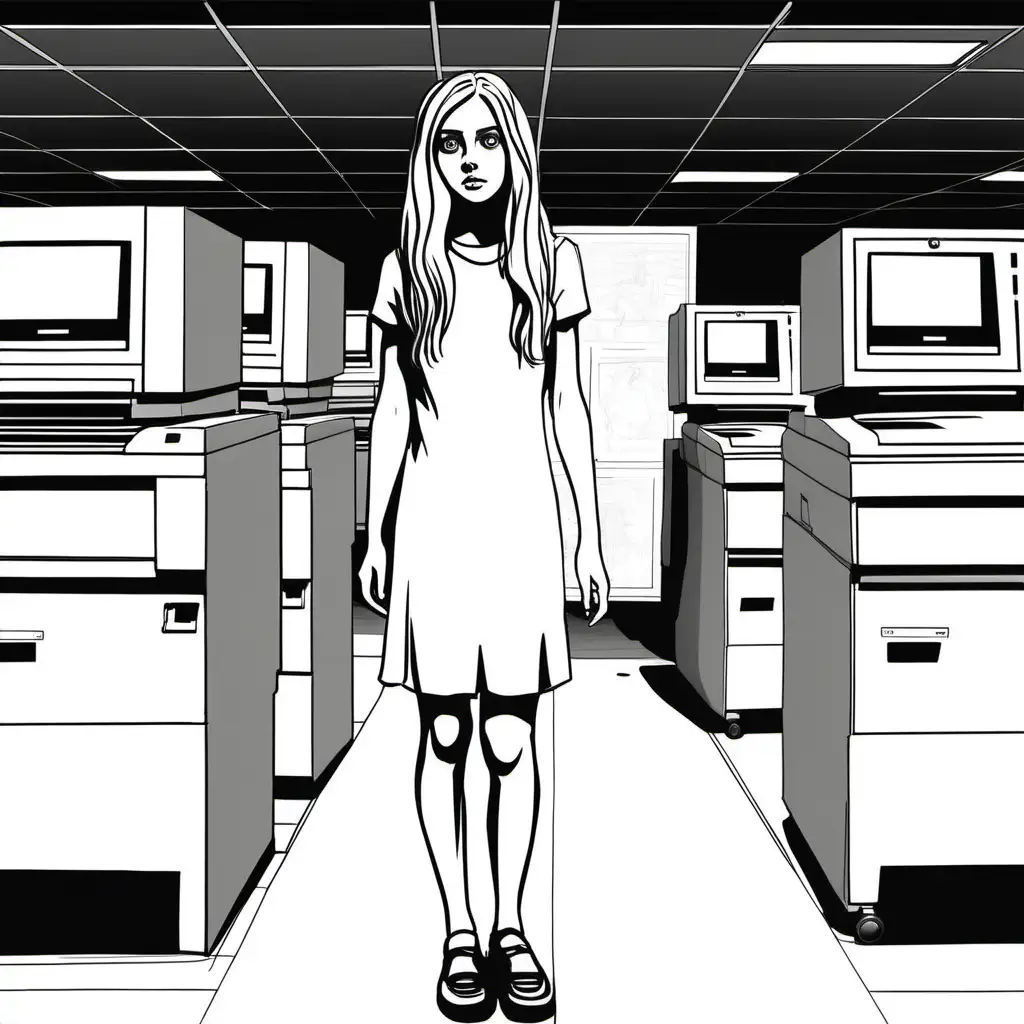 simple black and white drawing of scene of teenage girl with long blond hair and big eyes in plain dress all in white standing in hall next to ONE photocopier all in white