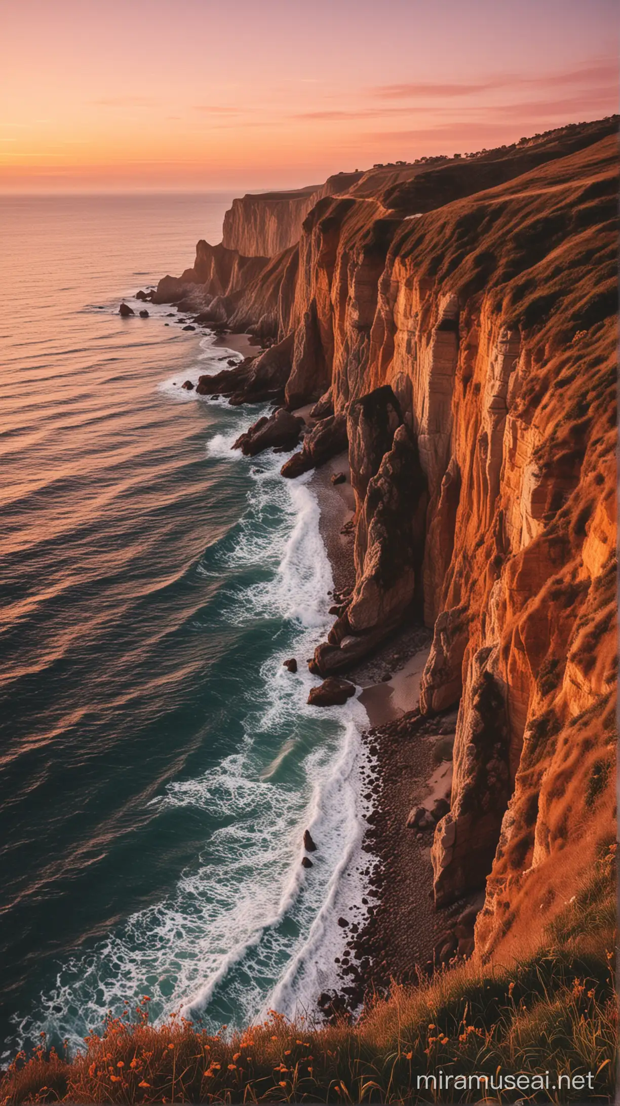 a wonderful photograph from a sunet near a ocean cliff , serne feelings, nostalgic vibes, wonderful colors