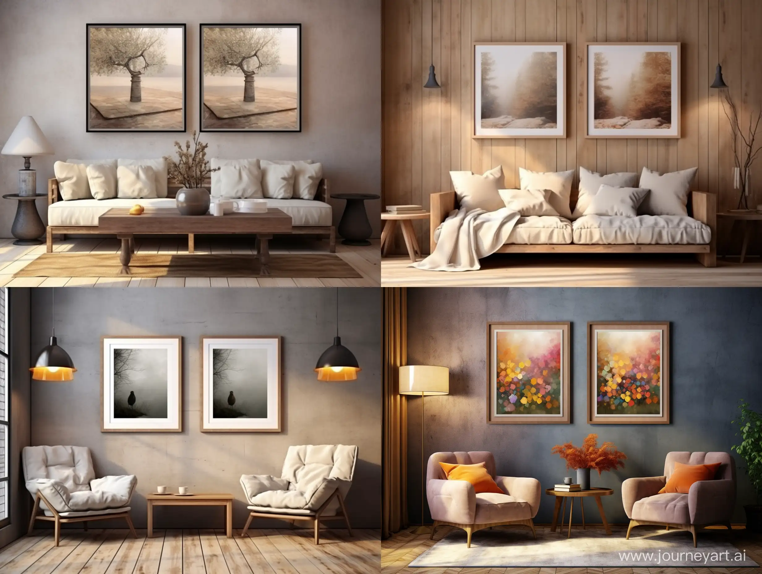 beautiful cozy interior with hanging 2 paintings on the wall as realistic  mock up in day light with no lights hanging in front