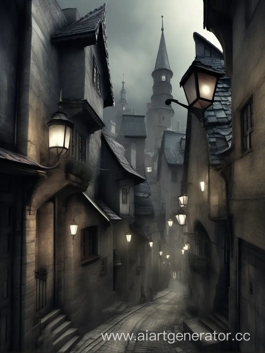 узкая улица, острые серые крыши, XX век, фонарные столбы, магия, волшебство, город магов