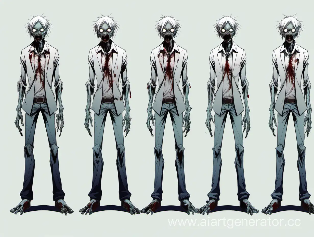 аниме зомби в полный рост ,дизайн персонажей, несколько концептуальных дизайнов, лист концептуального дизайна,несколько одинаковых моделей с разными эмоциями, 4 модели , одинакового размера, белый фон