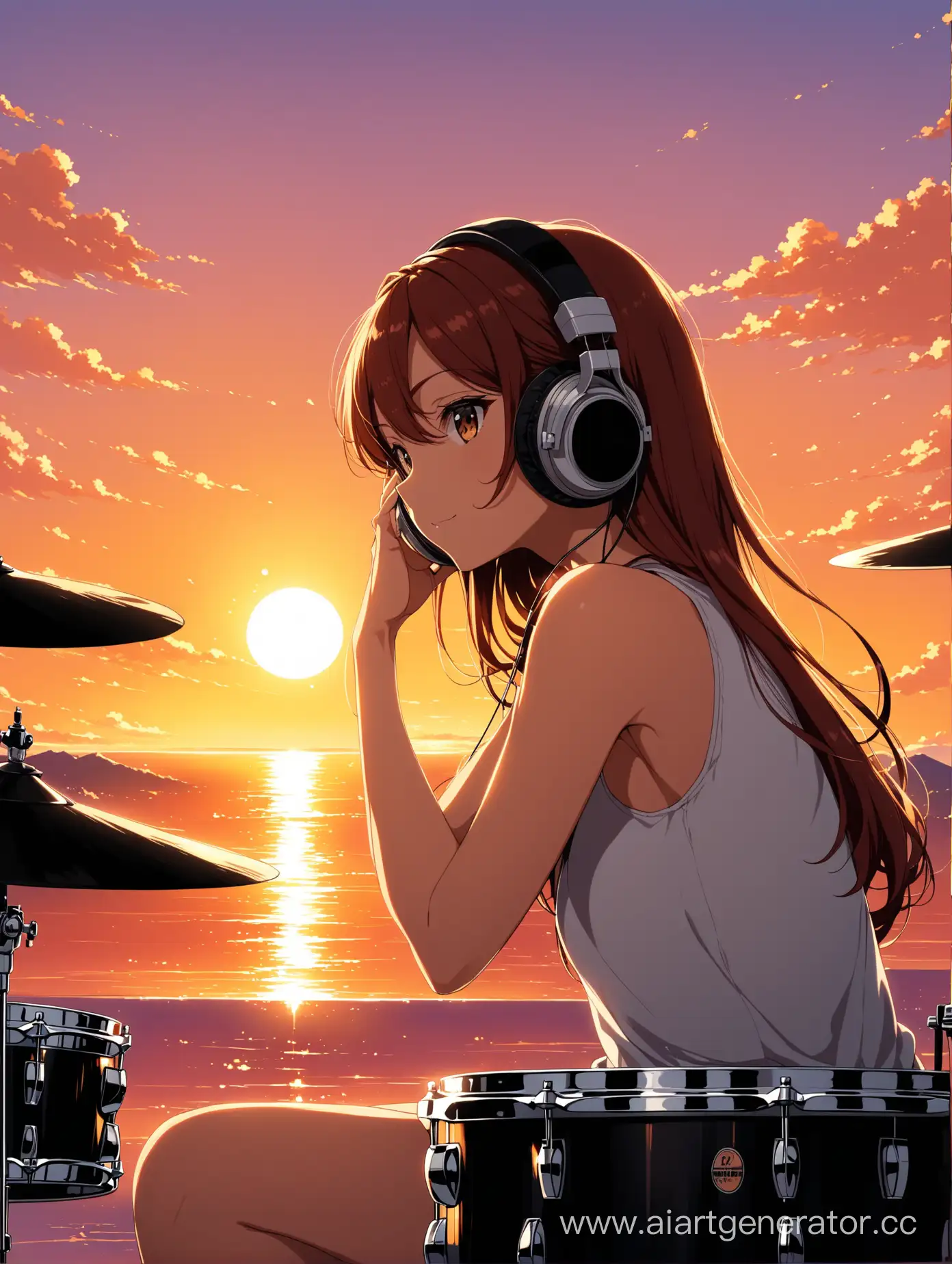 Anime-Girl-Drummer-Enjoying-Sunset-Serenade