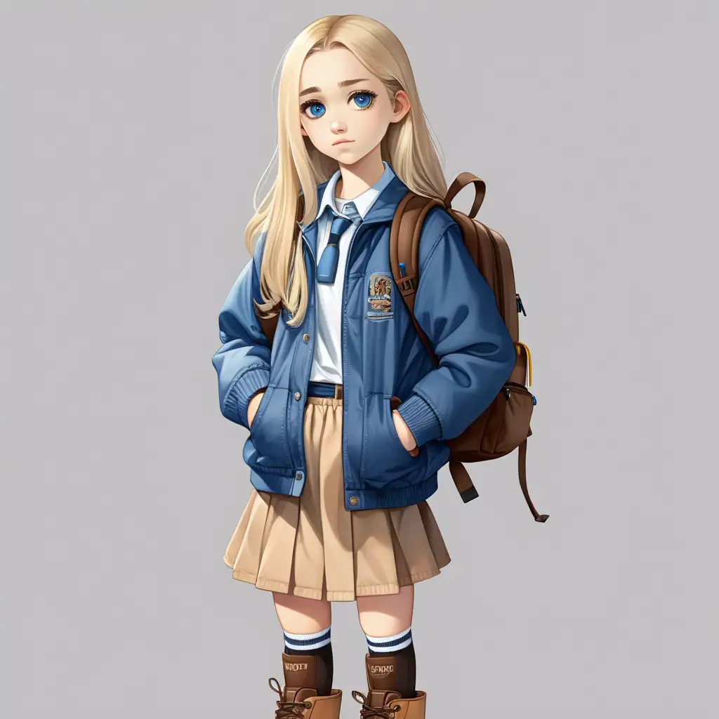 White teenage school girl with big gray eyes long blonde hair wearing skirt shirt and blue jacket with brown boots and brown backpack show length of full body