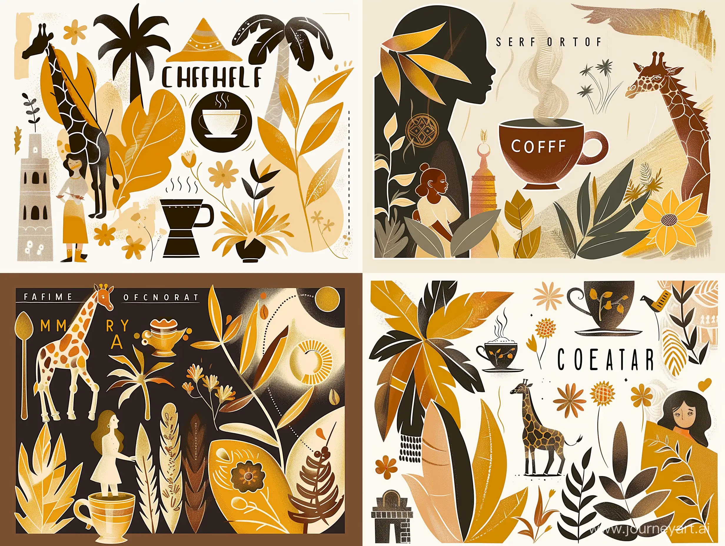 Иллюстрация кофе в чашке, символы Эфиопии, девушка, жираф, листья пальмы, кофе, цветы Эфиопии в коричневых, желтых, оранжевых, черных цветах- serf  https://i.pinimg.com/originals/f0/65/dc/f065dc8212fbe5f1570a615095304db9.jpg