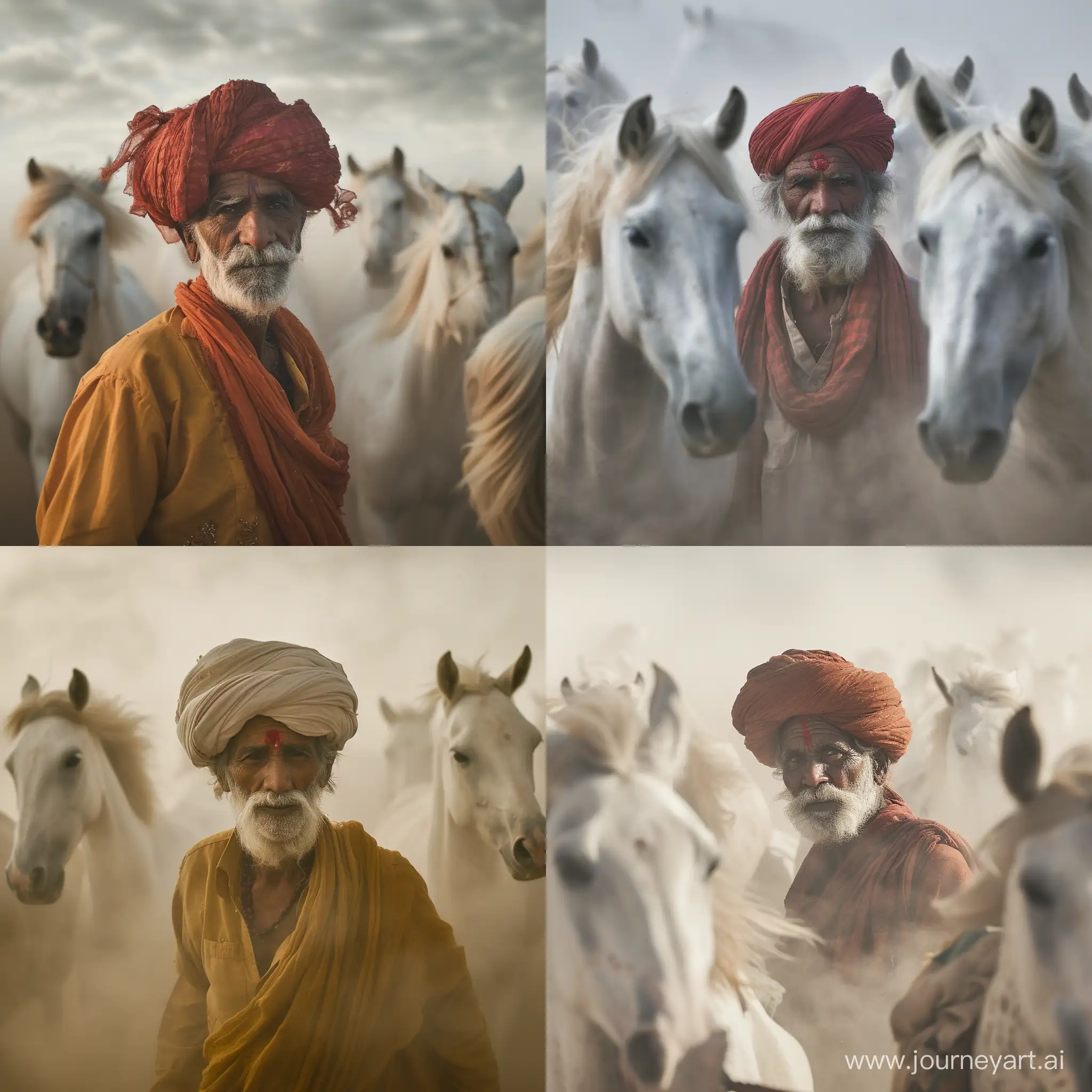 elderly rabari rajasthan  with turban is standing between  moving white horses  with a lot of dust around 50 mm fij xt4 foto realistisch total body low angle