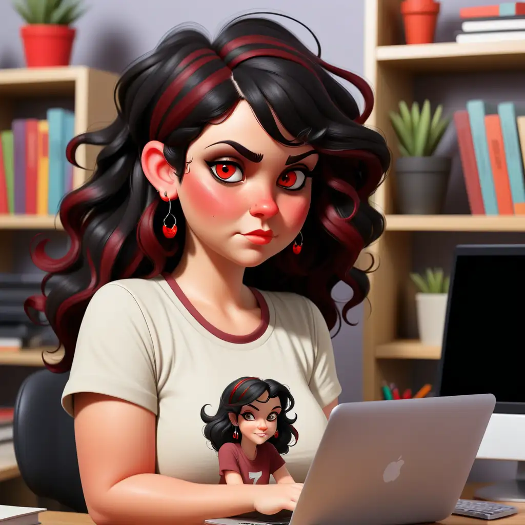 Black long wavy hair with red highlights, hazel eyes, small pixie like nose, several earrings in ear, chubby, modest t-shirt, working in a home office at a desk on a laptop, bookshelves in the background, bright background