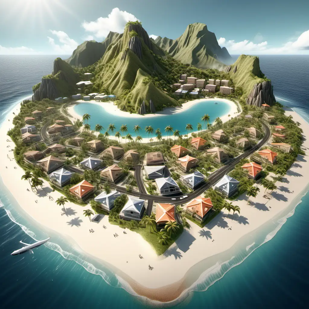 High resolution, realistic corner of a fantasy island with 3D rendering. Show aerial view of Island 3; based on puerto rico or phillipines with some mountains and lots of palm trees. Aerial view with some roads connecting around the large island, palm trees, a few houses near the beach. Large island with transparent background.