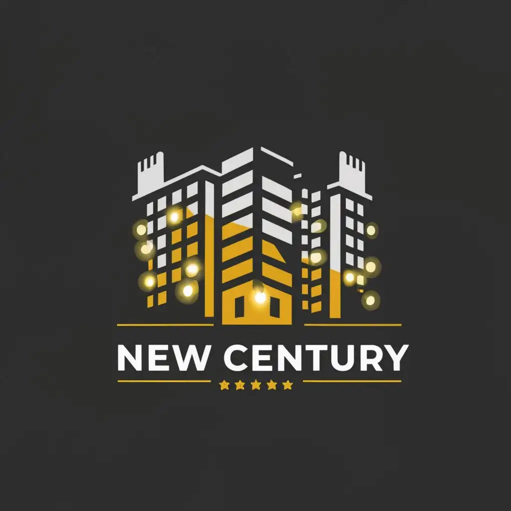 logo, 5-storey building with different lighting on the facade without a background, with the text "new century", typography, be used in Construction industry