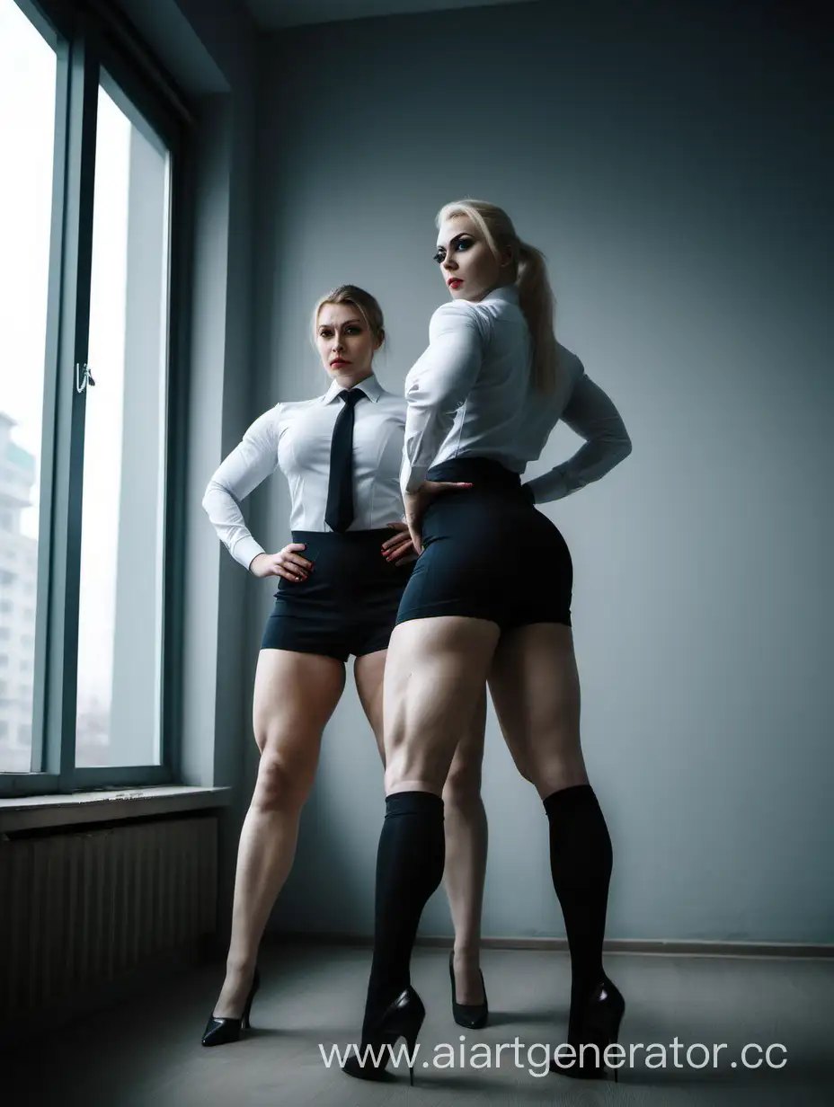 Две русские секретарши, с белой кожей, с большими мускулистыми бедрами, смотрят в окно в пустой комнате, соприкасаясь ногами
