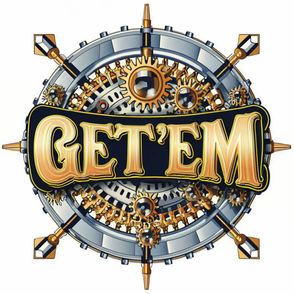 logo, logo, vector steampunk style WHITE BACKGROUND ,with the text "GET'EM", typography, bright vibrant colors . ultra sharp 3mm outlined lettering and image, full color image fill , ultra-detailed images with sharp lines and textures, capturing every detail with precision, ultra fine sharp outlined image , no copyright, no watermark, , , with the text ".", typography