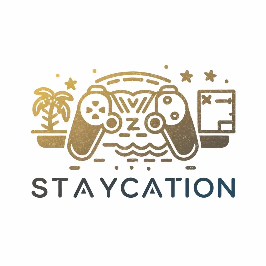 a logo design,with the text "Starry Staycation", main symbol:gold with ps4, pool, bed (sign of comfortability),Moderate,be used in Real Estate industry,clear background