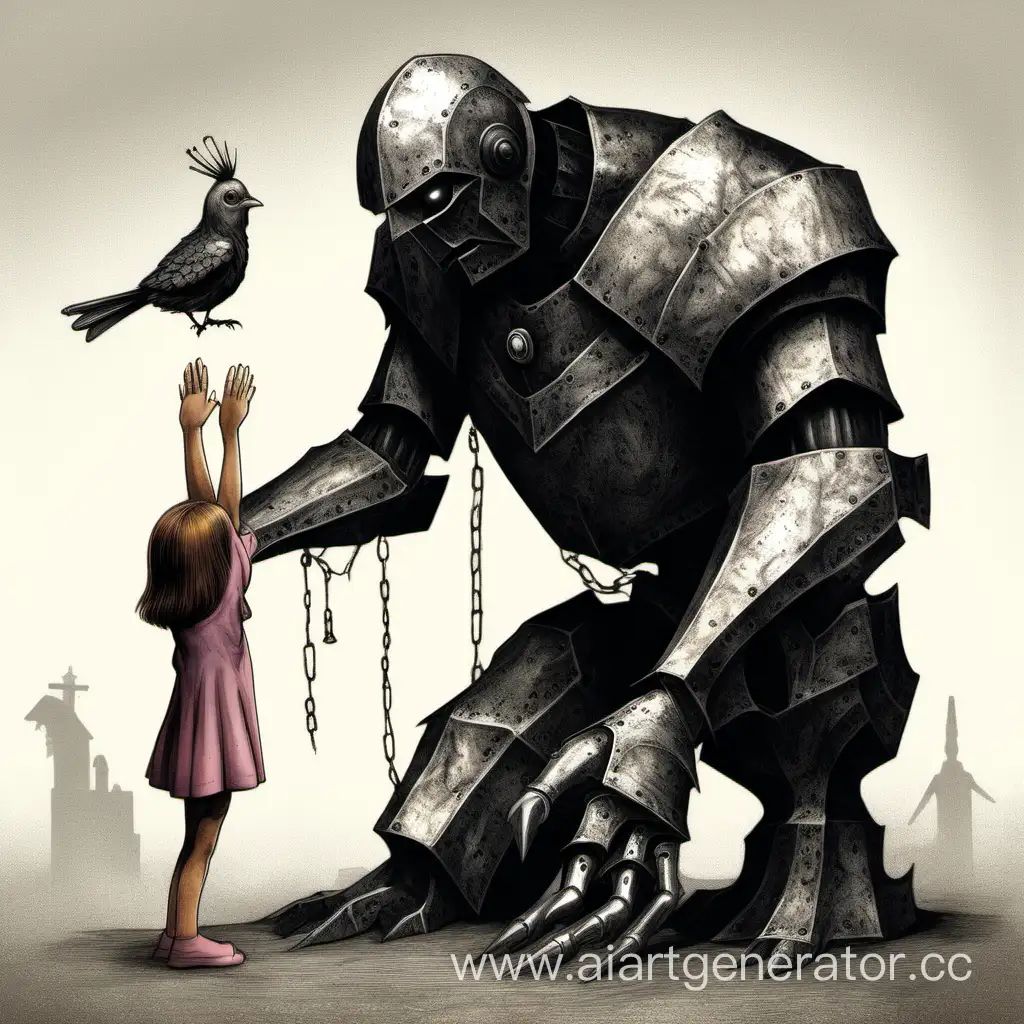 Железный голем человека встал на одно колено и протягивает руку, на которой железная птица, маленькой девочке