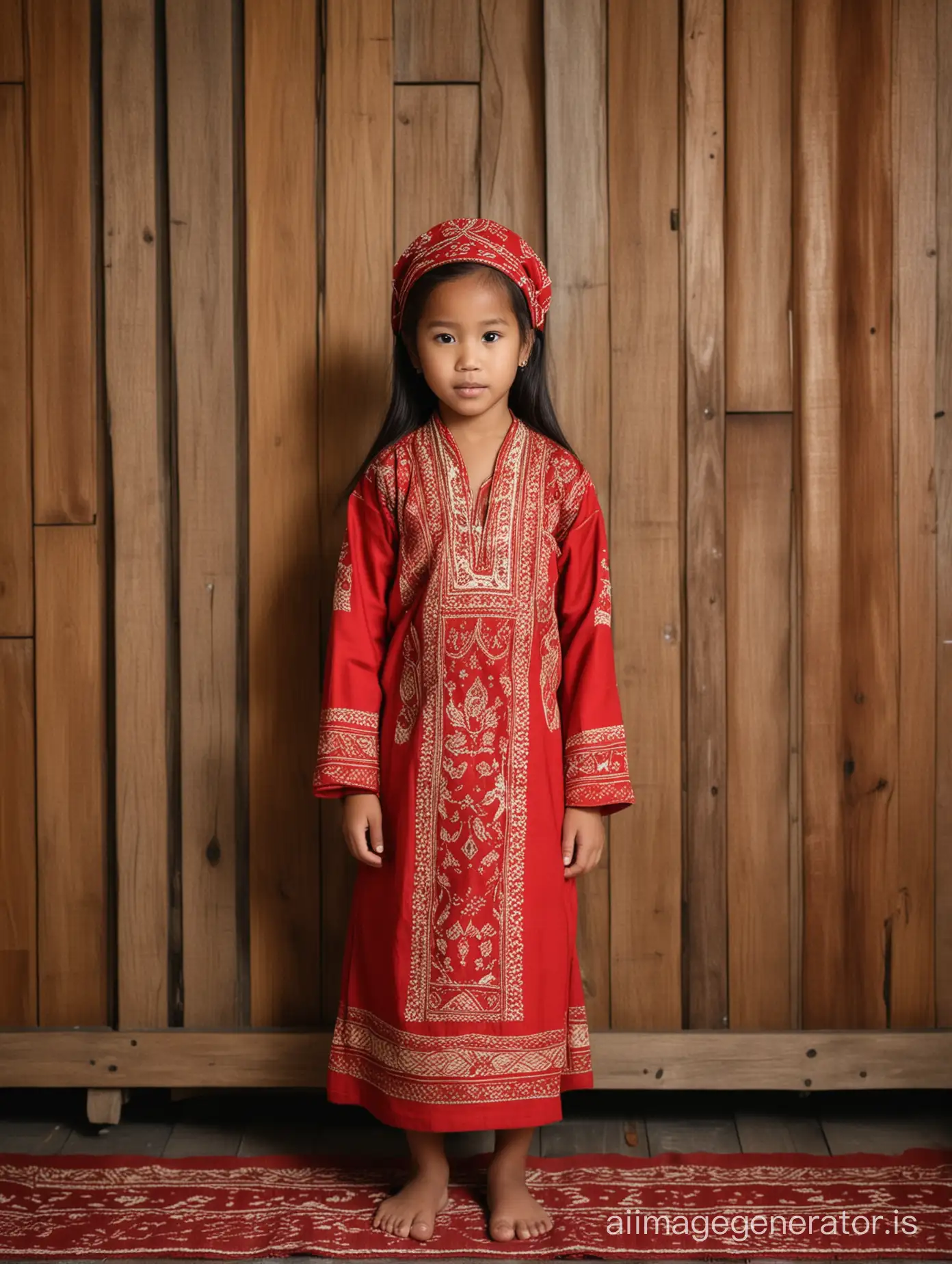 an Indonesian girl aged 6 years wearing traditional Tana Toraja clothes inside the house with a wooden background