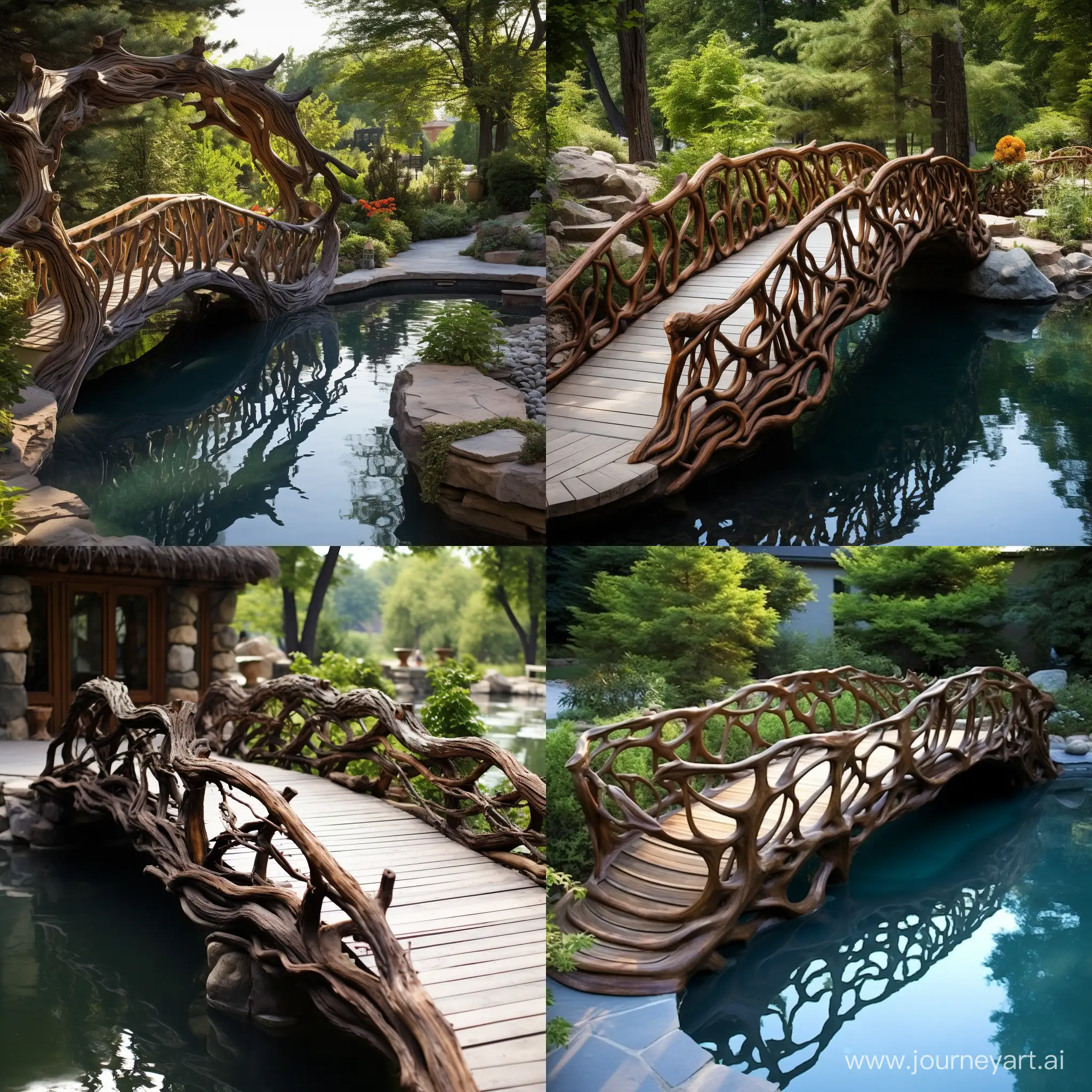 Serene-Decorative-Pool-Bridge-with-Wooden-BranchLike-Railing