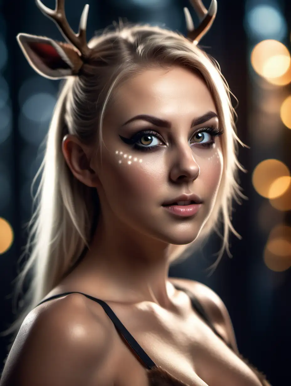 Beautiful Nordic woman, very attractive face, detailed eyes, big breasts, slim body, dark eye shadow, a half human half deer hybrid, close up, bokeh background, soft light on face, rim lighting, facing away from camera, looking back over her shoulder, photorealistic, very high detail, extra wide photo, full body photo, aerial photo