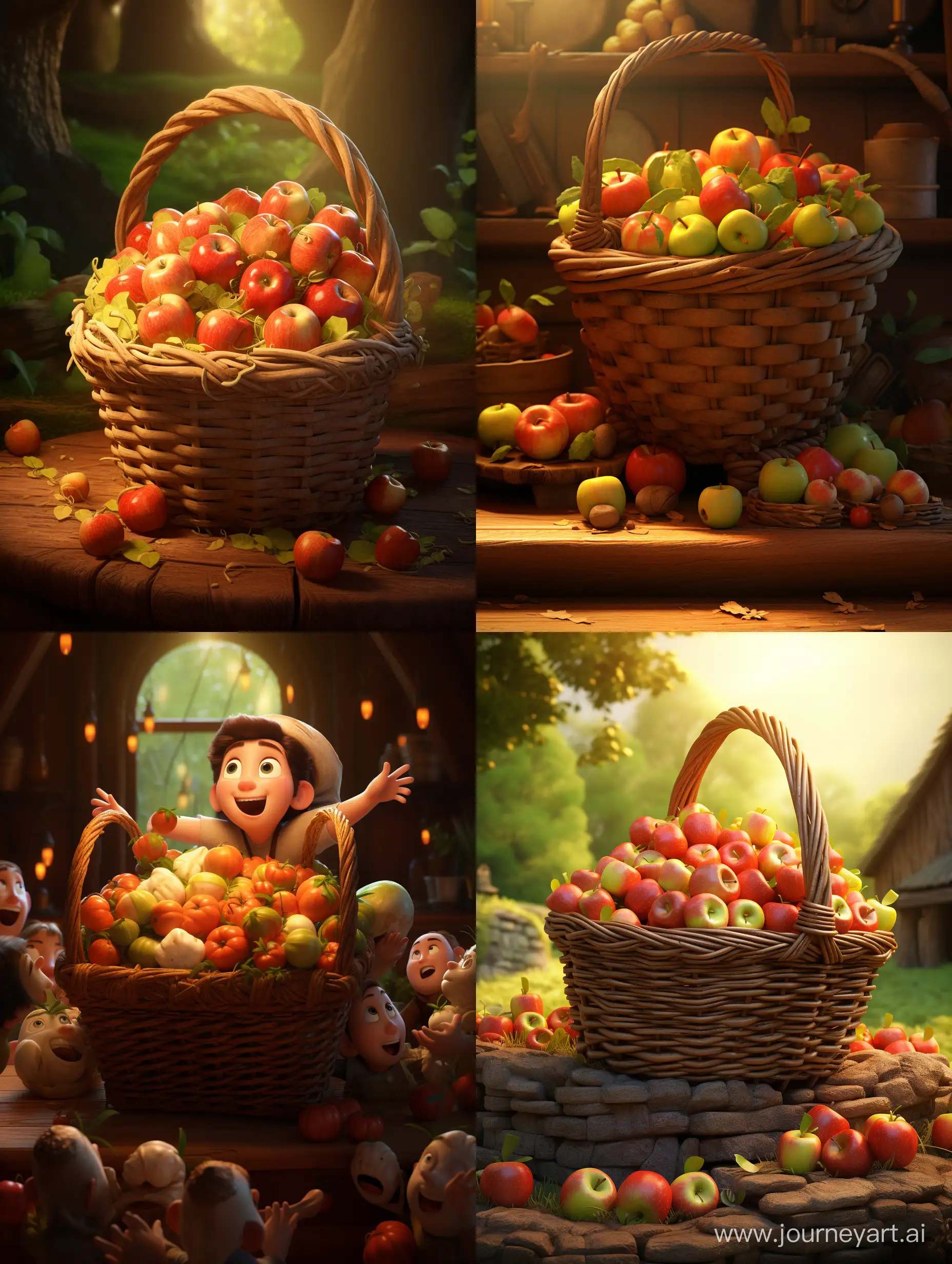 There are a lot of apples in the basket. Pixar Style