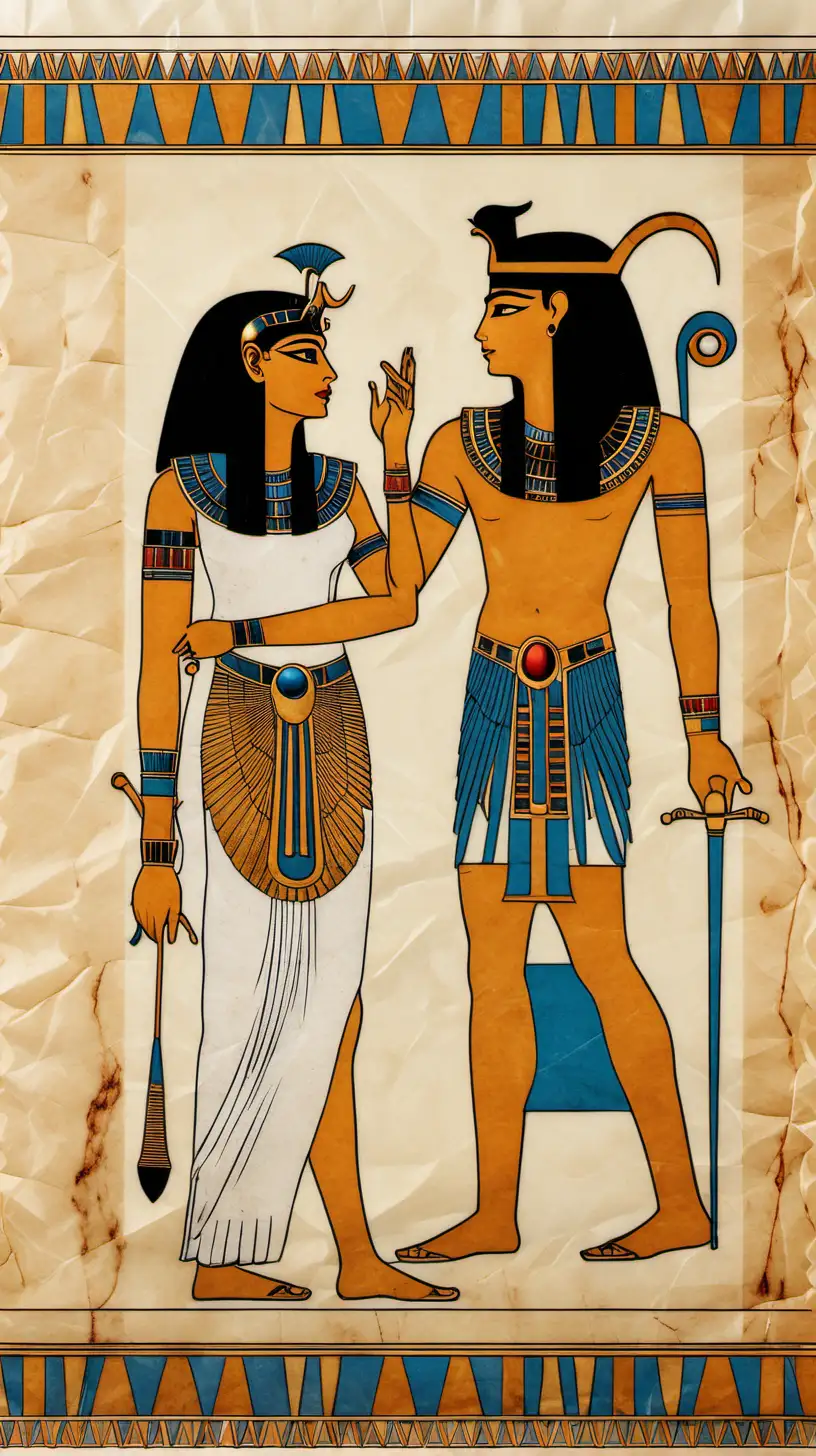 pergamyntpapper från egypten med bild på cleopatra och cesar av hög kvalité mycket välgjord