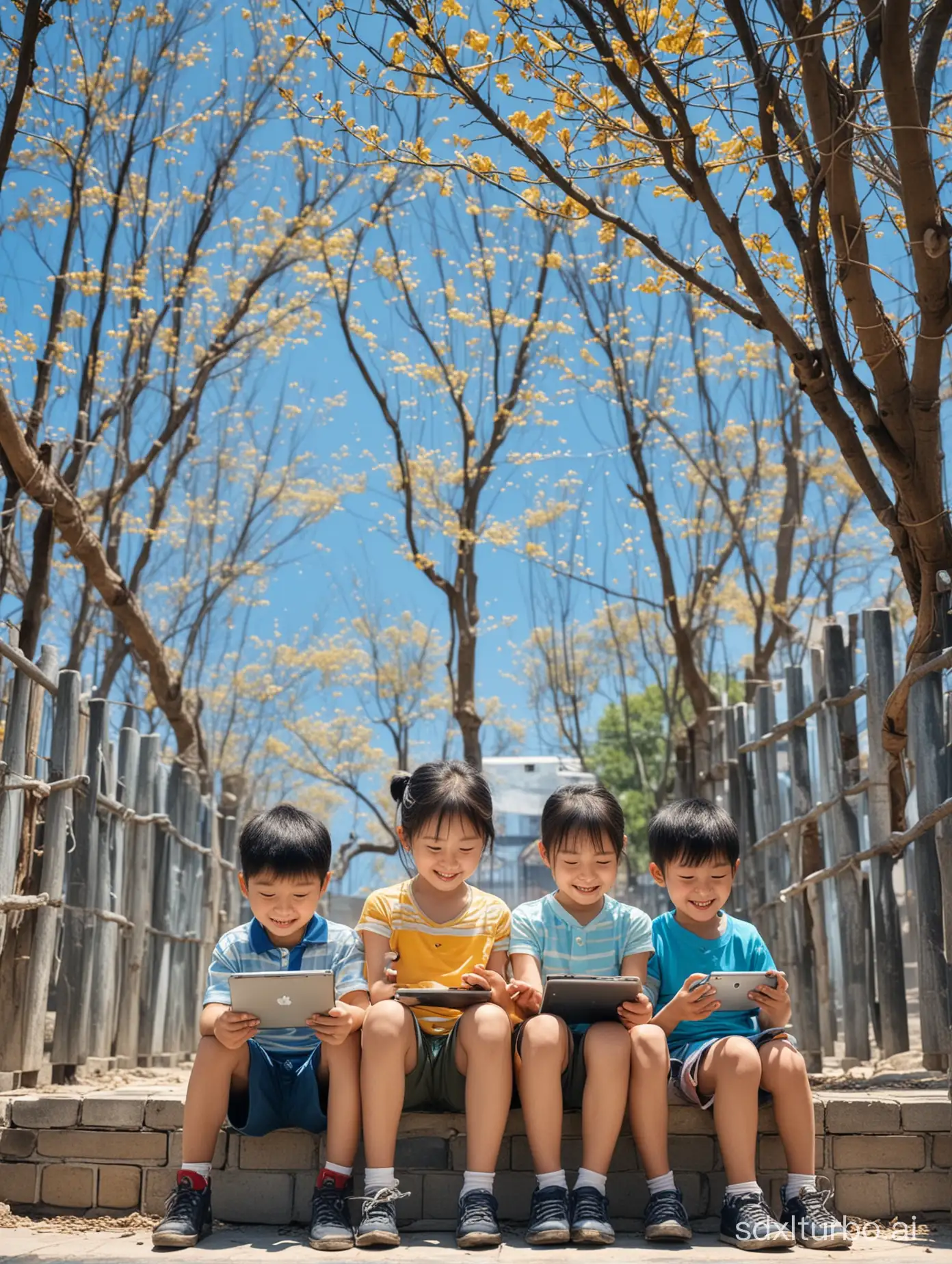 在蓝天阳光下，中国的孩子们开心的使用多媒体设备