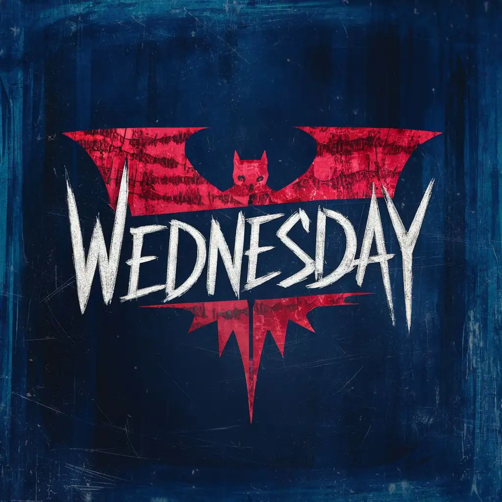 logo, bloody bat death asylum, with the text "wednesday", typography