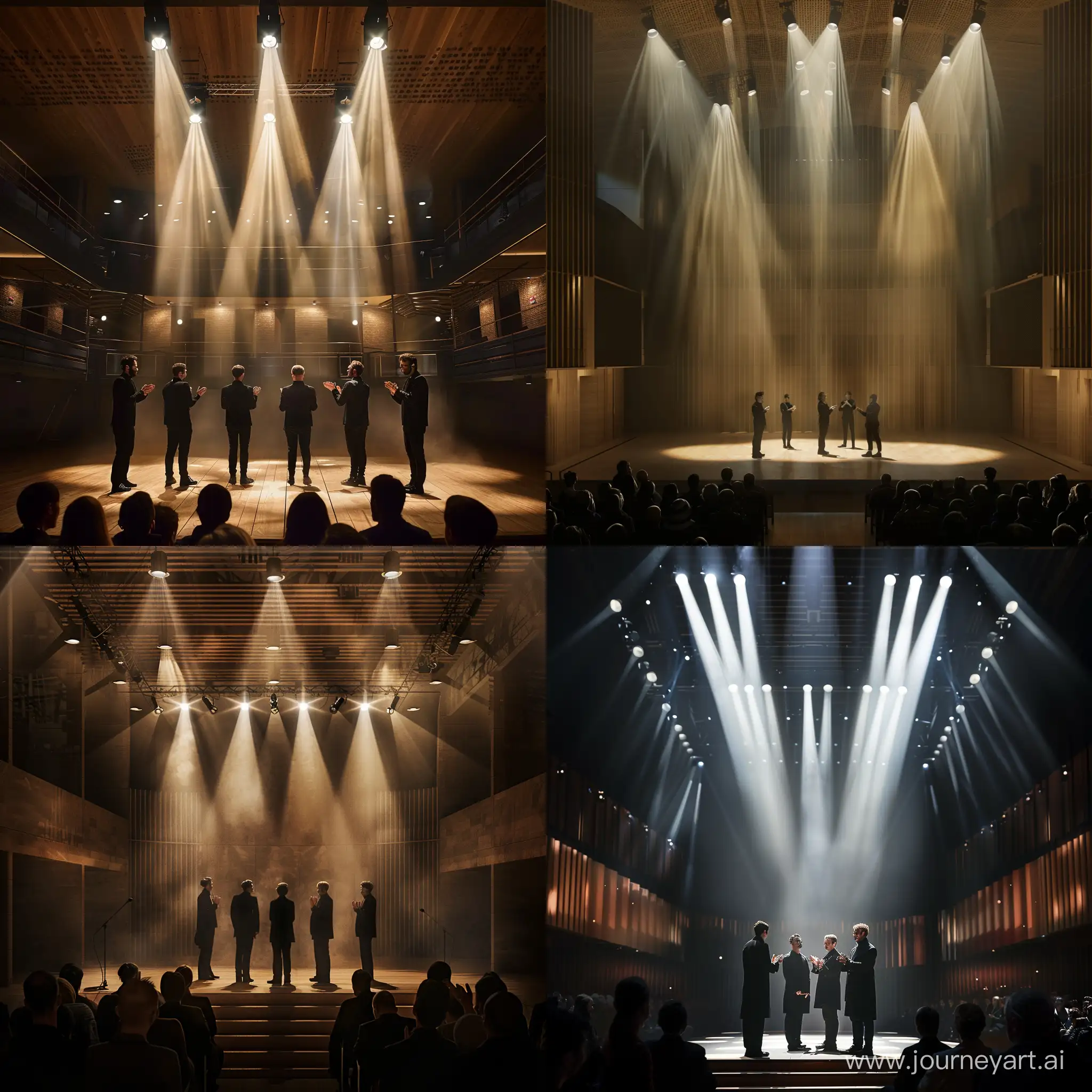 4 актера в черной одежде стоят на сцене современного зала, сцену освещают прожектора, зрители хлопают, арт, реалистичный