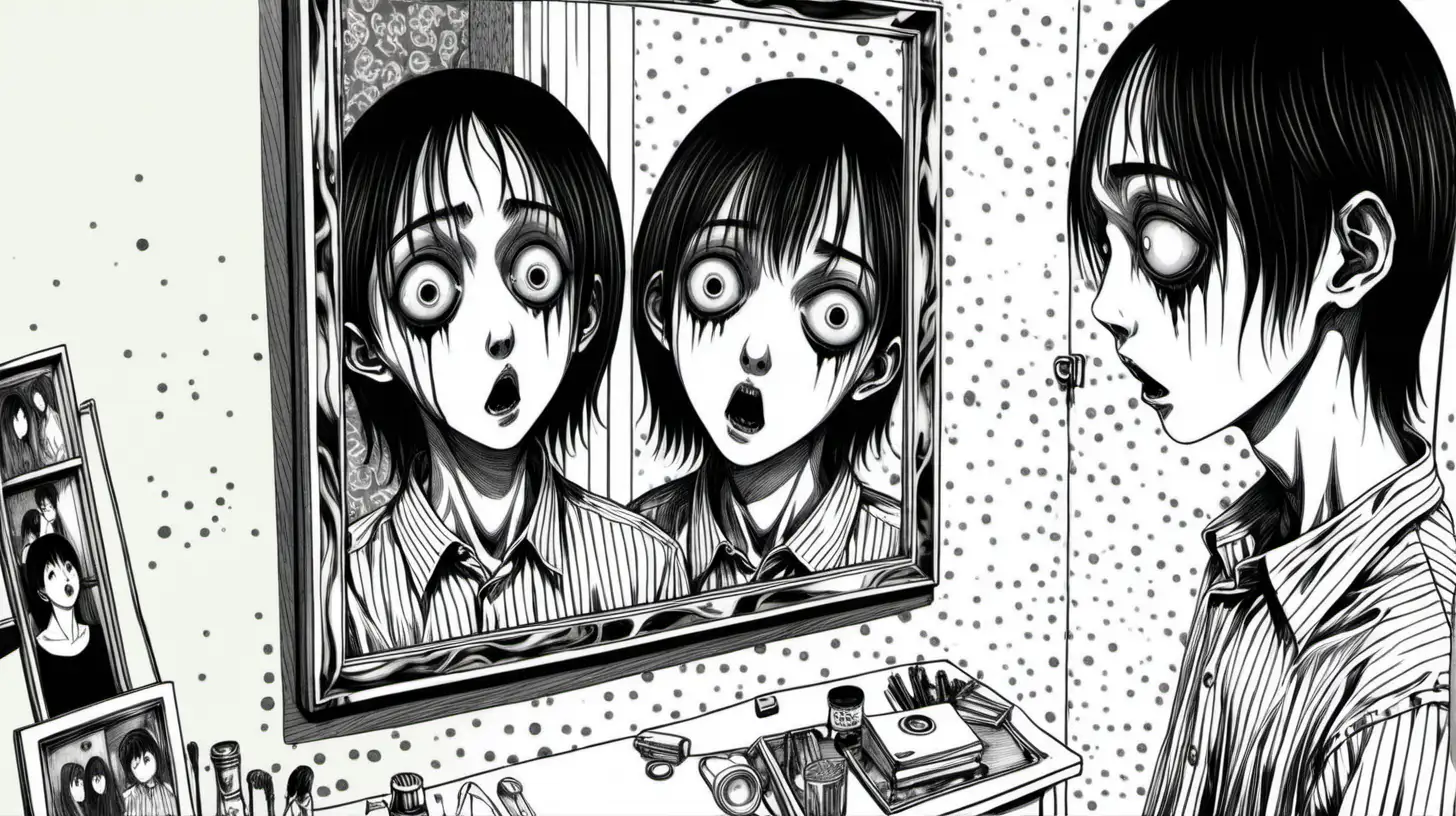 {best quality} {line work} key visual junji, creepy boy looking into mirror, messy room, horror