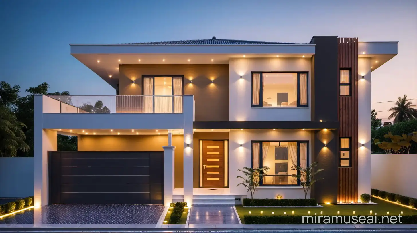 best house small front design in budget with flat roof. with lighting wooden design