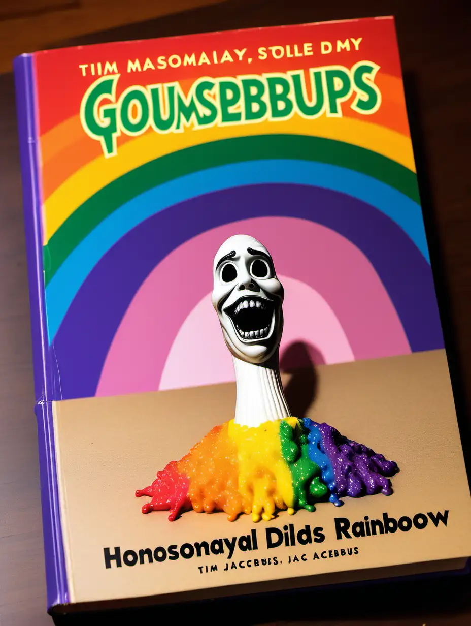A goosebumps book on a table titled "Homosexual Dildos Stole my Rainbow". In the style of Tim Jacobus' teen horror