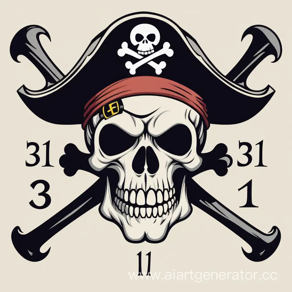 Пиратский череп в стиле мультсериала Onepiece, сзади черепа перекрещиваются цифры 3 и 1 в виде костей.