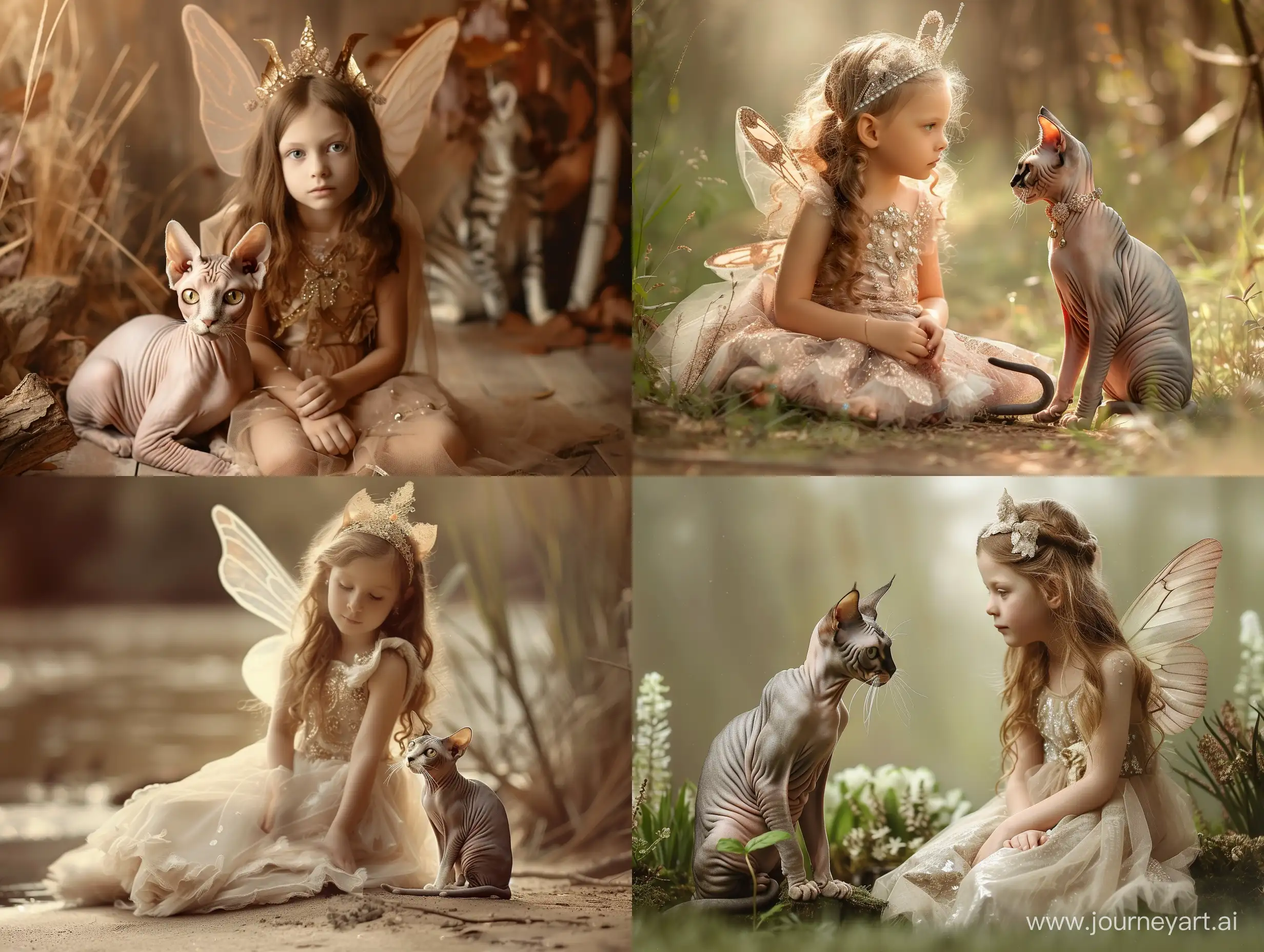 маленькая красивая девочка принцесса с длинными волосами и в красивом платье в полный рост красивый сказочный пейзаж и рядом сидит кошка породы донской сфинкс