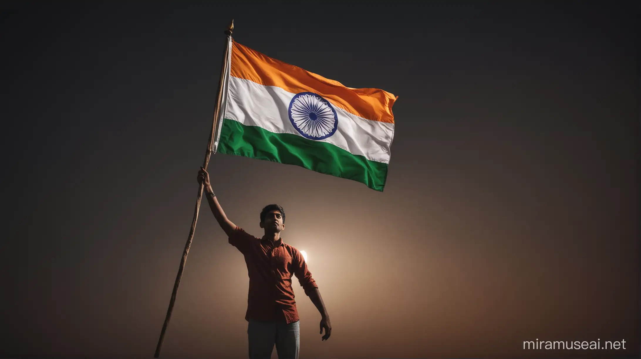 Create a striking visual metaphor for patriotism by showcasing a indian person holding a indian flag in their hands, the vibrant glow standing out against the darkness,