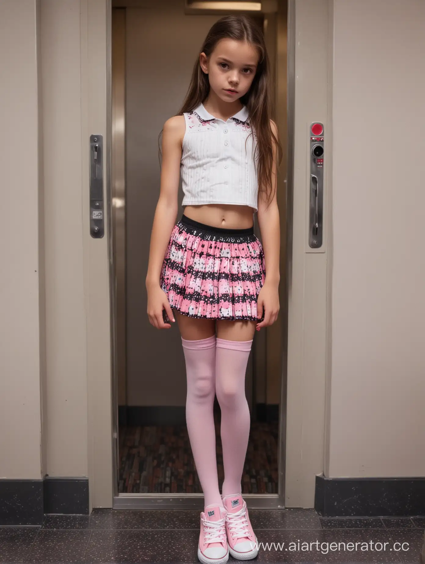 Extremely skinny little girl, 12 years old, kid style patterned crop top, pleated mini skirt, mixed pink and white colors knee above high socks, mini converse shoes, in the elevator, very low light, sad, soft eyes, pursing lips, from front, close up, slim pink lips, full screen focused girl