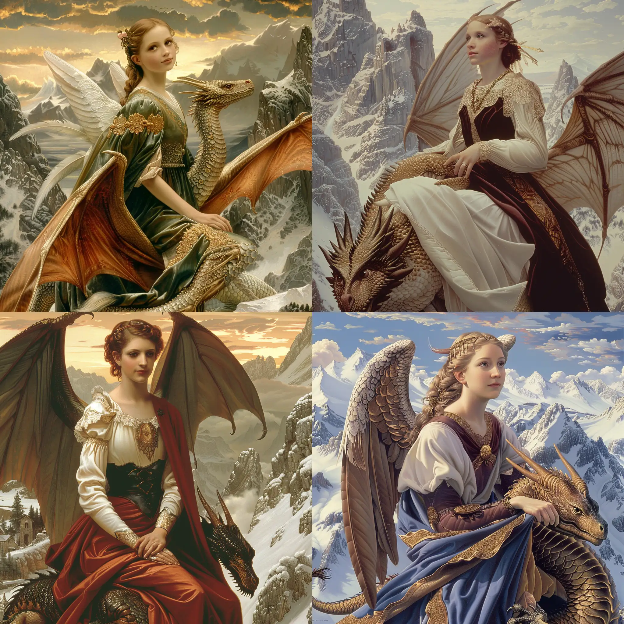 Ethereal-Medieval-Angel-Woman-Riding-Dragon-Over-Snowy-Mountains