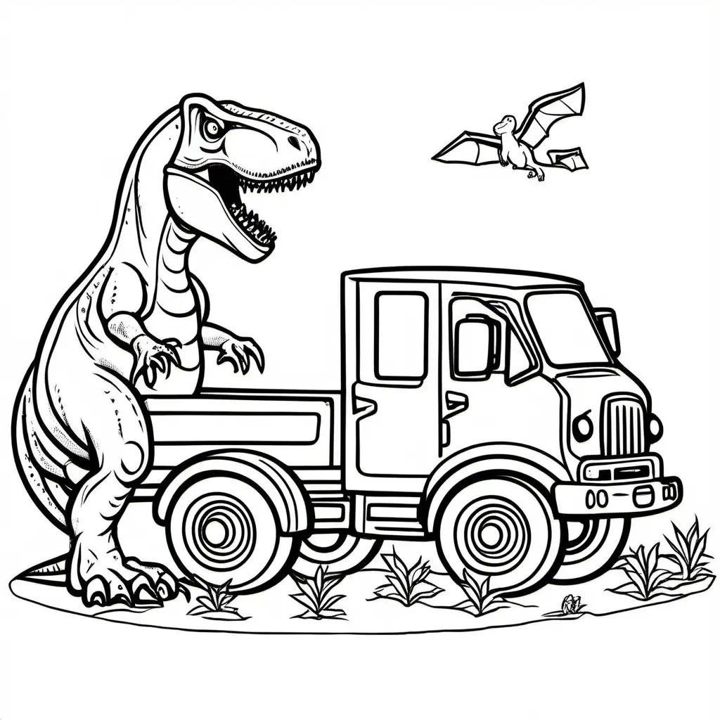 T rex with a toy and a truck and a bunny with plant or tree outlines, Coloring Page, black and white, line art, white background, Simplicity, Ample White Space. The background of the coloring page is plain white to make it easy for young children to color within the lines. The outlines of all the subjects are easy to distinguish, making it simple for kids to color without too much difficulty