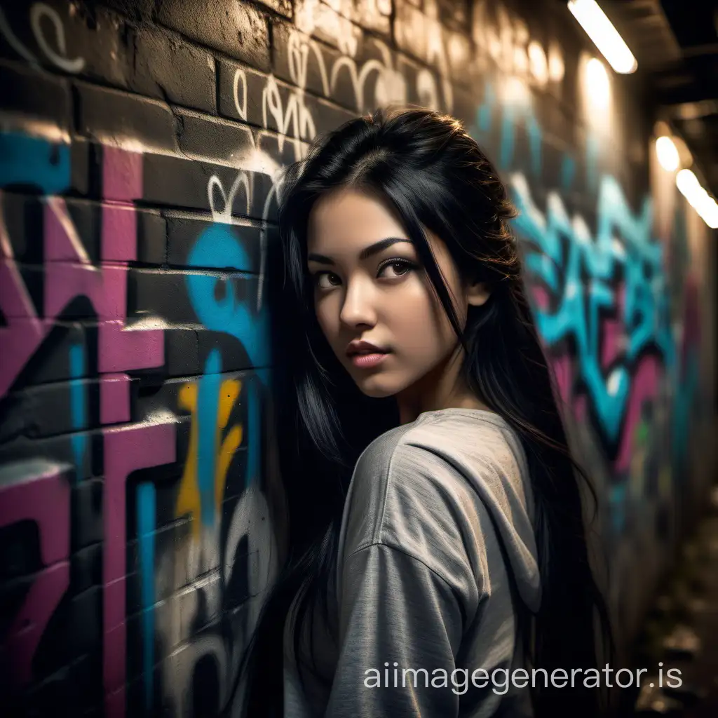 A girl lean her back on grafitti wall, pretty face, long black hair, photorealistic, realism, highly detailed, best quality, raw photo, professional photography, masterpiece, long shot, depth of field, night shot, cinematic tones, diffused lighting