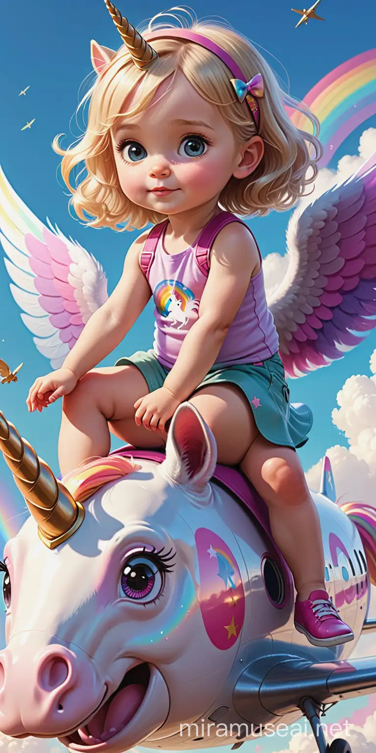 A blonde short haored toddler girl sitting on top of a flying airplane with a unicorn