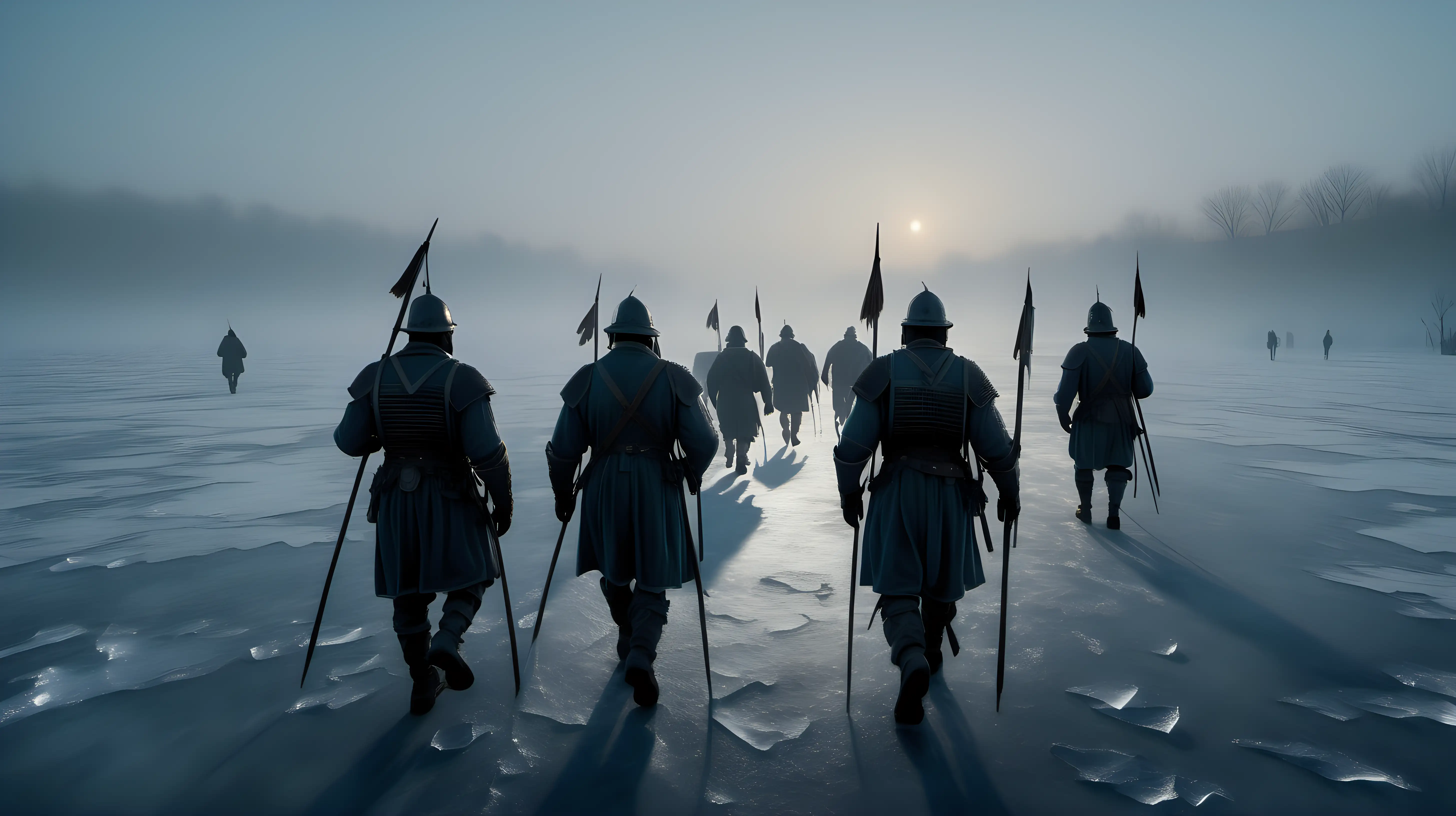 Soldados de los tercios , caminando por el hielo al alba, niebla, imagen ultra realista,alta definición iluminación cinemática, siglo XVI,8K