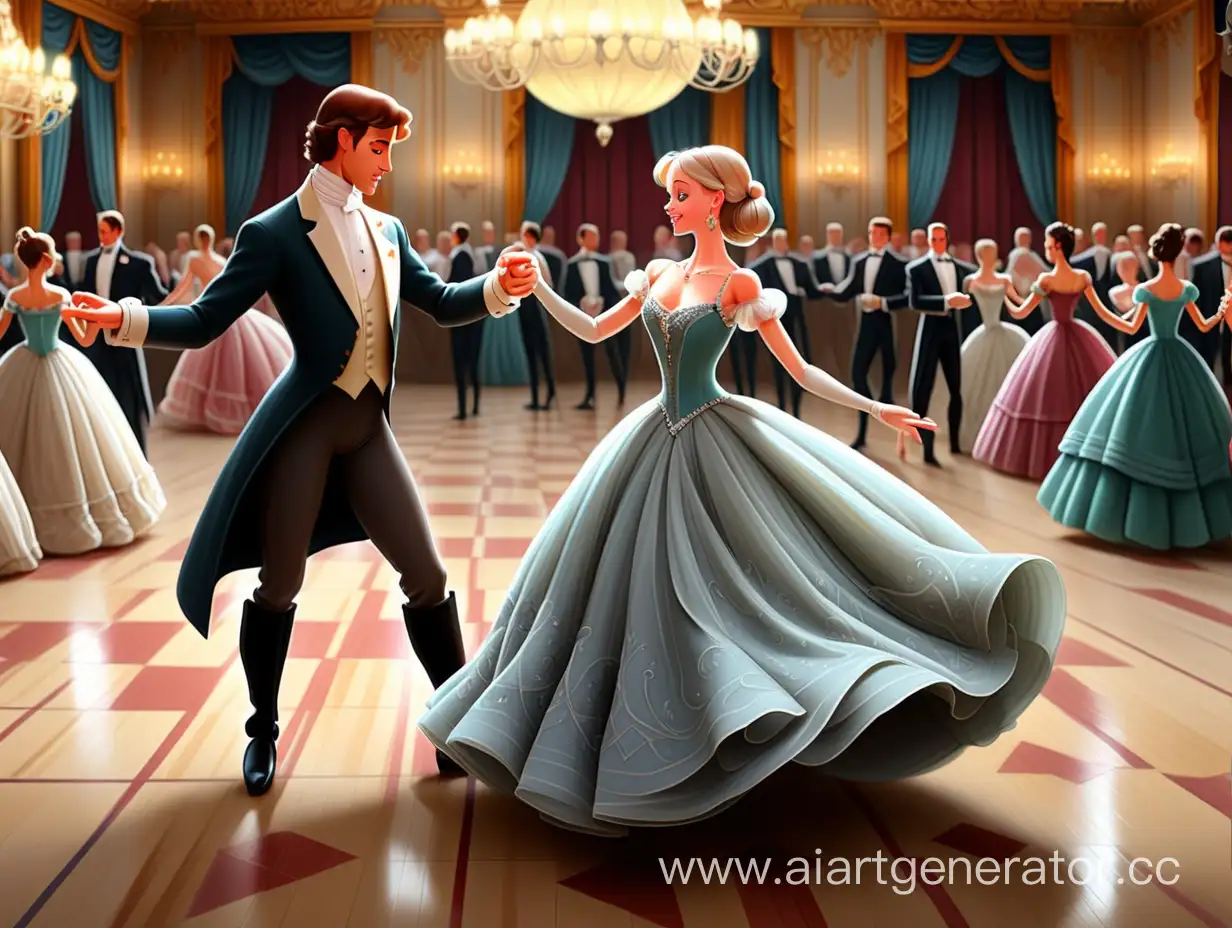 девушка в бальном платье вместе с принцем танцуют вальс в бальном брильянтовом  зале картина