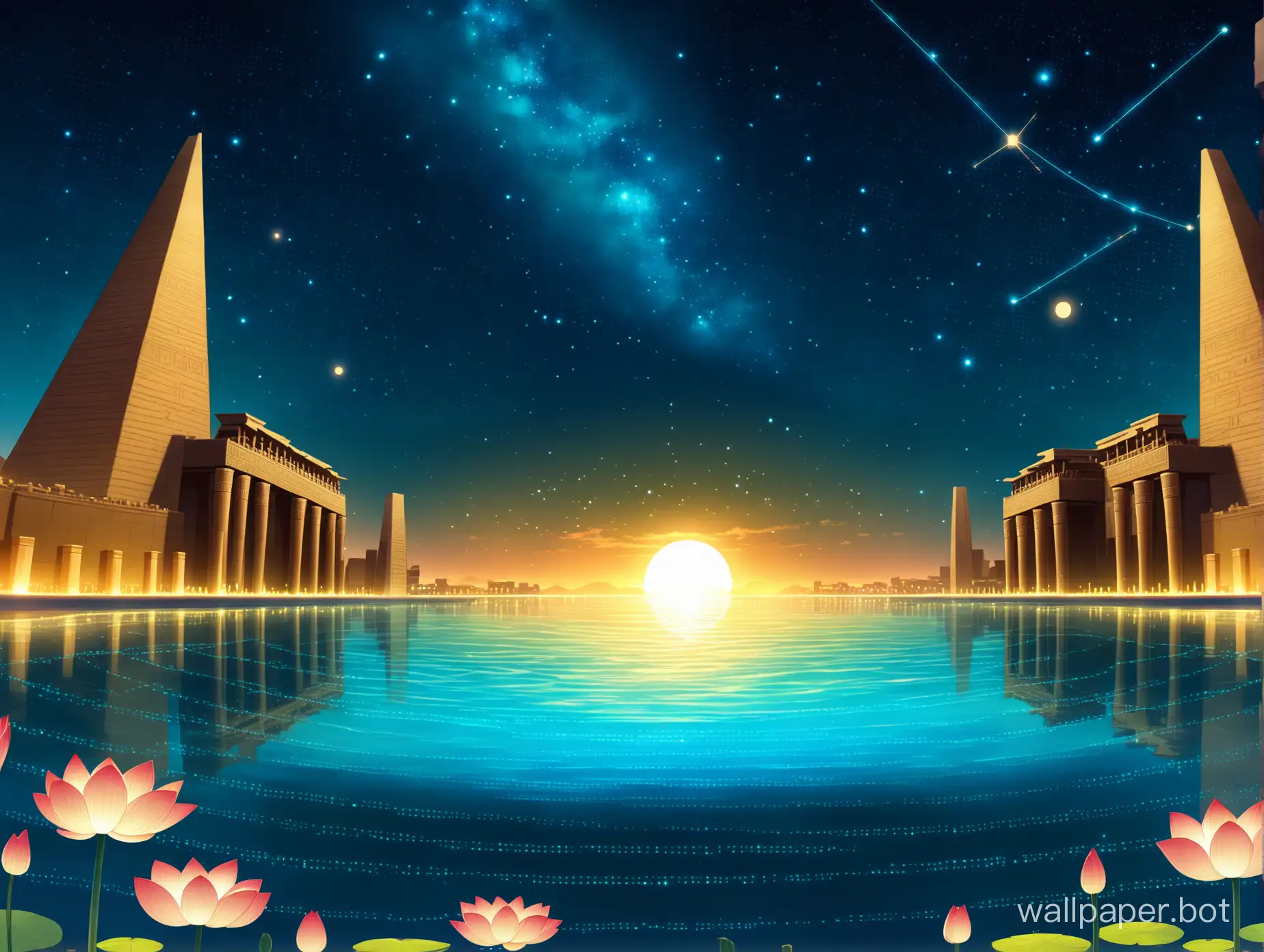 2d fighting game stage, floor level, atemporal mystic battleground of the gods, set in legendary Egypt Karkat at night, ancient giant Egypt buildings and monumental ruins of ancient gods under a constellation sky with the floor slowly bathed by the Nile waters and colossal lotus flowers, lit from bottom to top