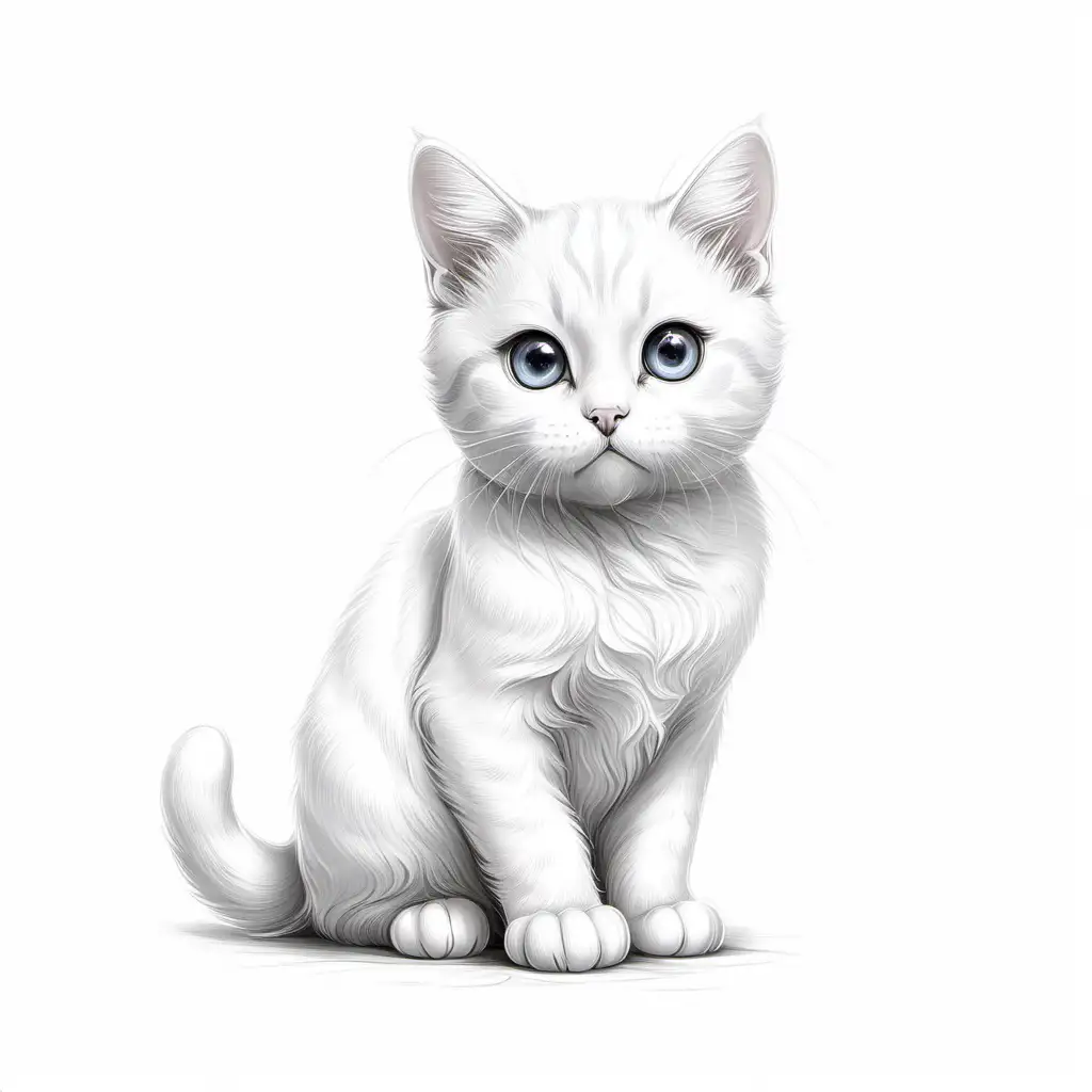 Adorable White Cat Sketch on Clean Background